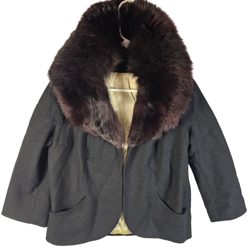 Vintage Black Wool Blend Jacket Faux Fur Shawl Collar Champagne Lining Retro